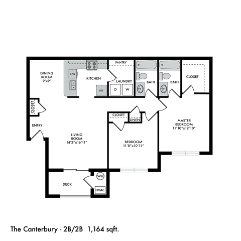 Floor plan for 2 beds, 2 baths, 1164 sqft